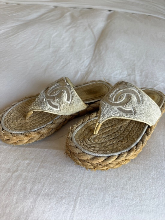 CHANEL Shoes - CHANEL Cream Rope Logo Thong Espadrille Slides